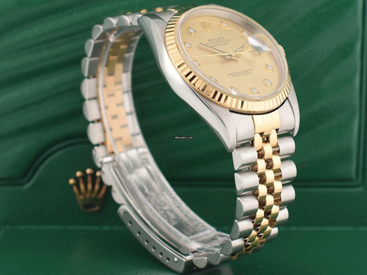 Thumbnail von Rolex Datejust 36 16233 Gold Dial With Big Diamonds - Full Set