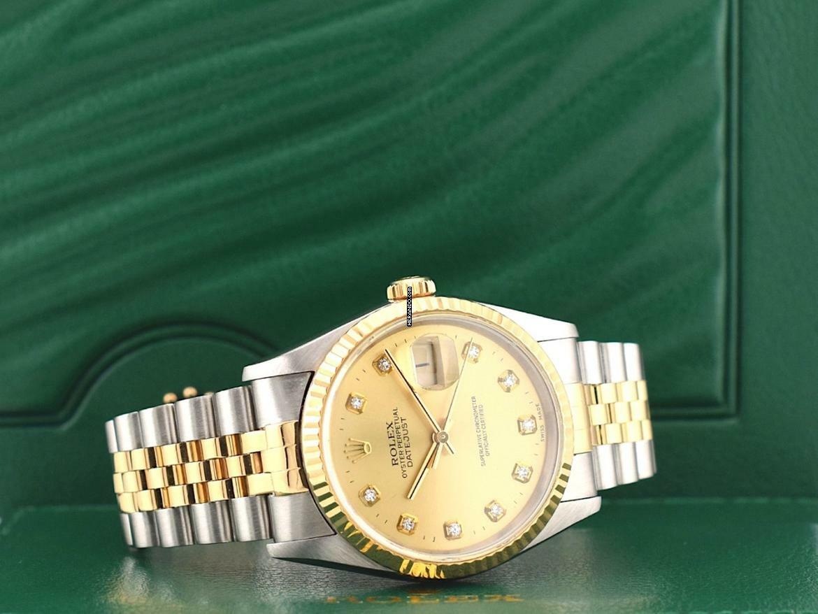 Thumbnail von Rolex Datejust 36 16233 Gold Dial With Big Diamonds - Full Set