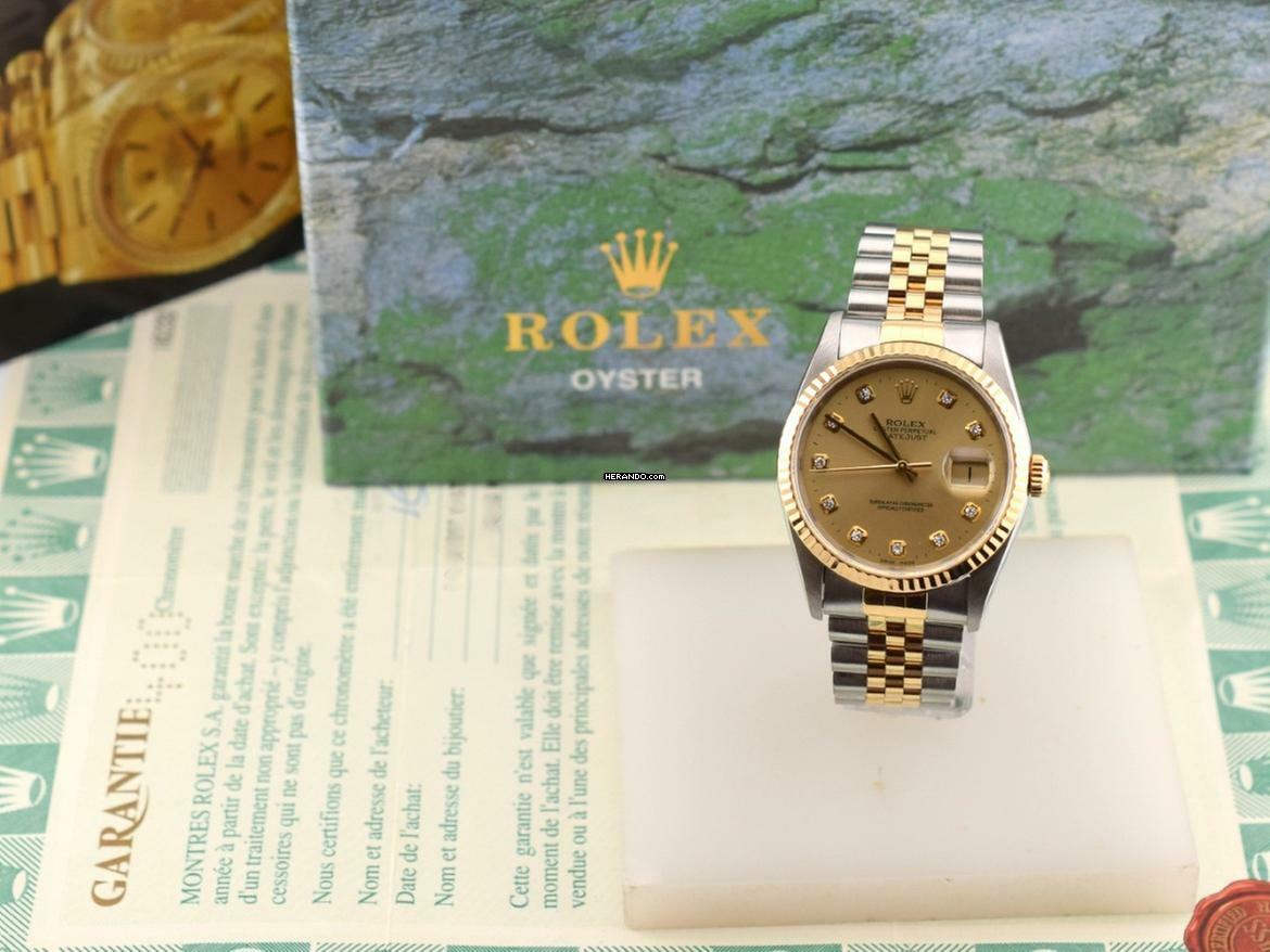 Thumbnail von Rolex Datejust 36 16233 Gold Dial With Big Diamonds - Full Set