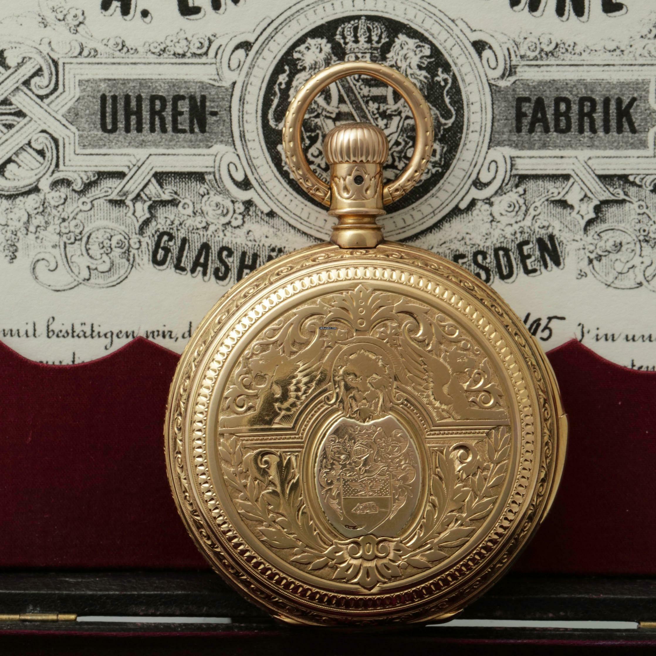 Thumbnail von A. Lange & Söhne 150g 18k Louis XV. Renaissance Savonette Taschenuhr ¼ Repetition Orign Box 1882 </h1>