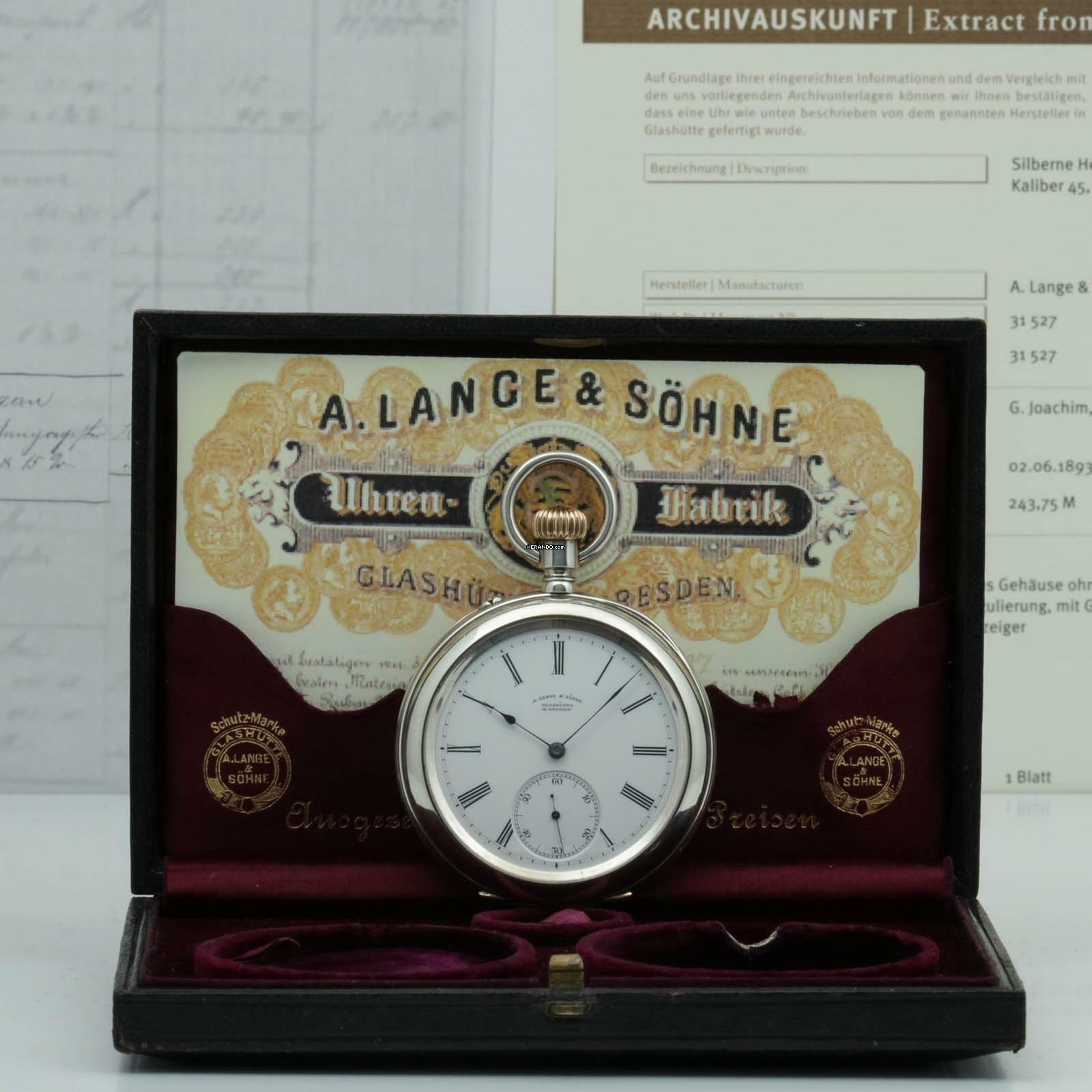 Thumbnail von A. Lange & Söhne neuwertige Silber Taschenuhr 1A Original Etui Gangschein der Sternwarte 1893 </h1>