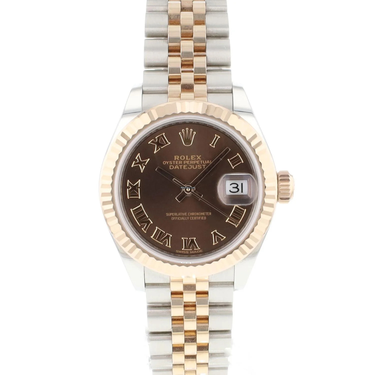 Rolex Lady-Datejust 28 Steel Everose Gold Jubilee Fluted Choco Roman Dial