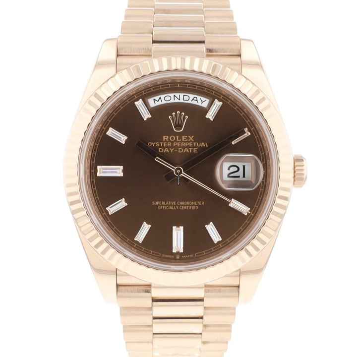  Rolex Day-Date 40 40mm Everose Gold Chocolate Baguette Diamond Dial Service '25 </h1> 