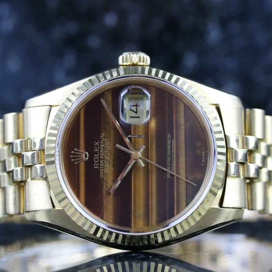 Rolex Datejust 36 Yellowgold Jubilee 16018 - Tiger Eye - Good Condition - LC100 Papers - 1990