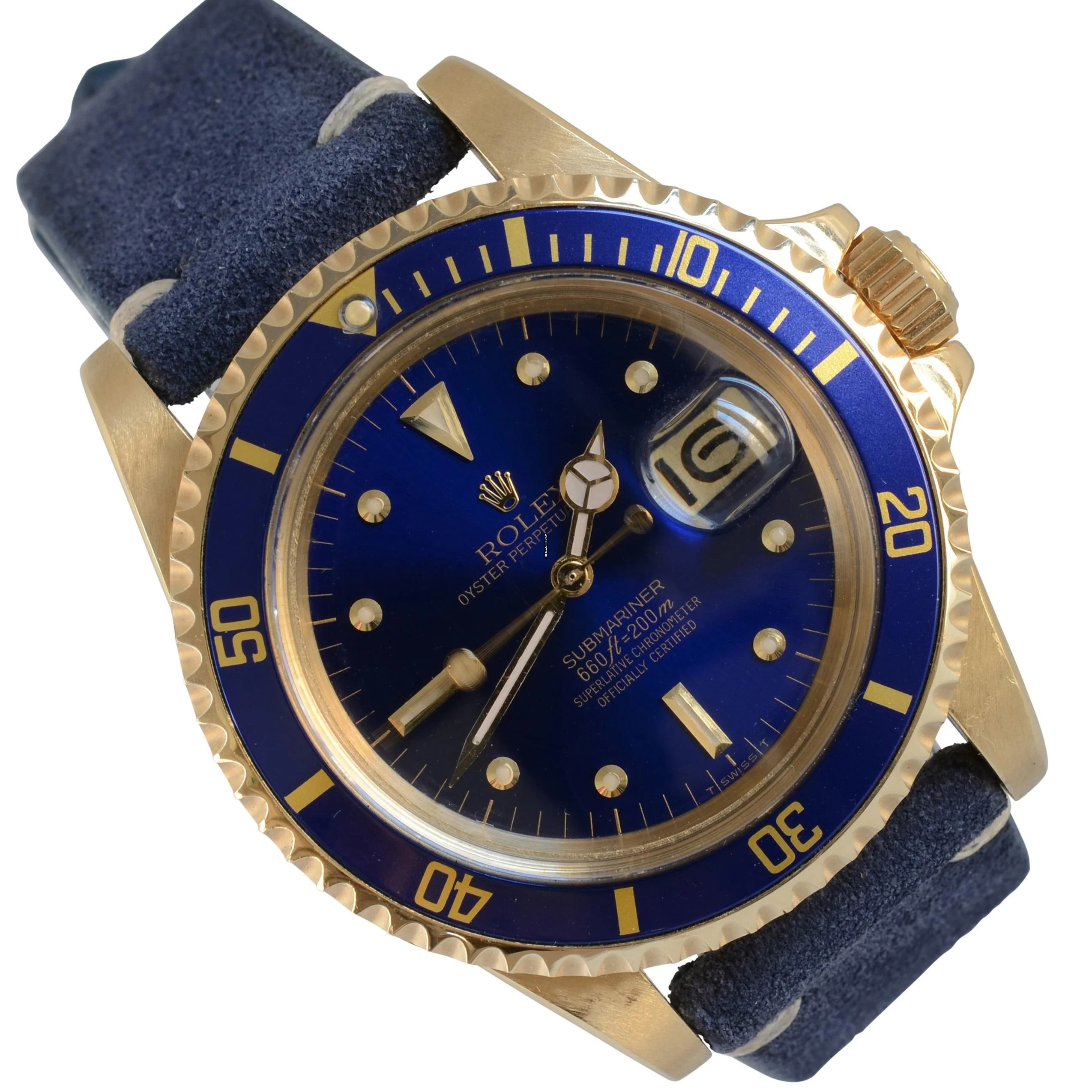  Rolex Submariner Date 1680/8 Soleil blue dial yellow gold 18KT 1975's  