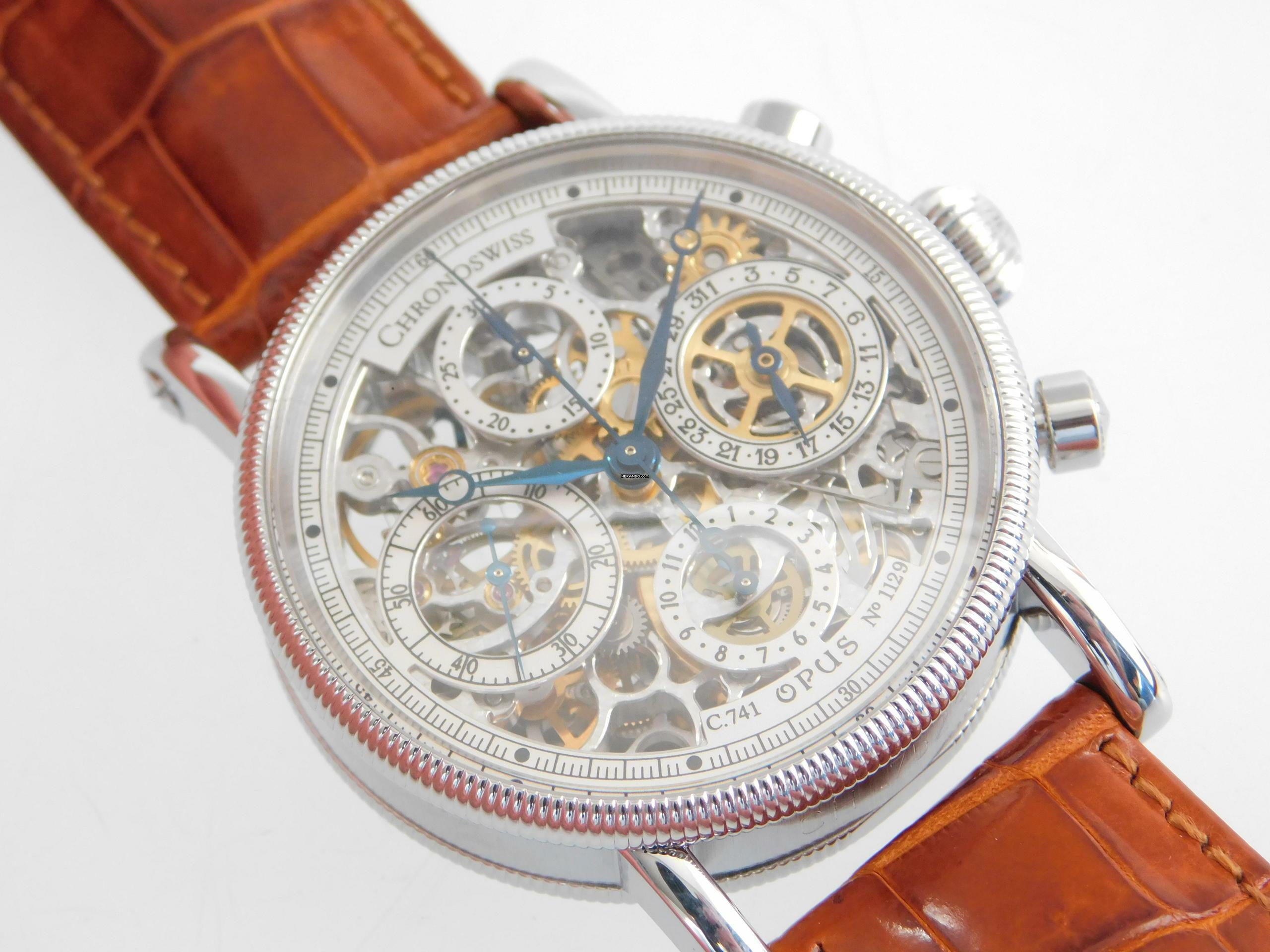  Chronoswiss Opus Chronograph Automatik Edelstahl Herrenuhr mit Krokoband im Neuzustand  