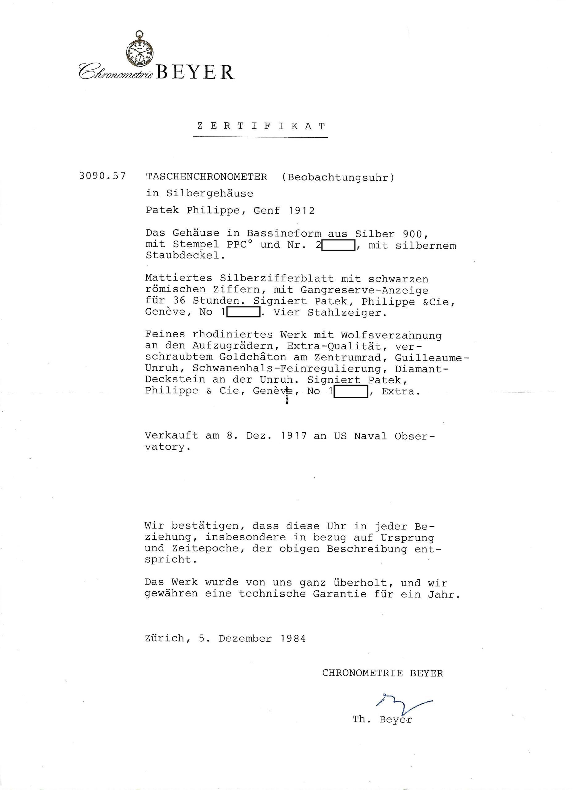 Thumbnail von Patek Philippe Extremely Fine Deck Lever Chronometer US Naval Observatory 1912