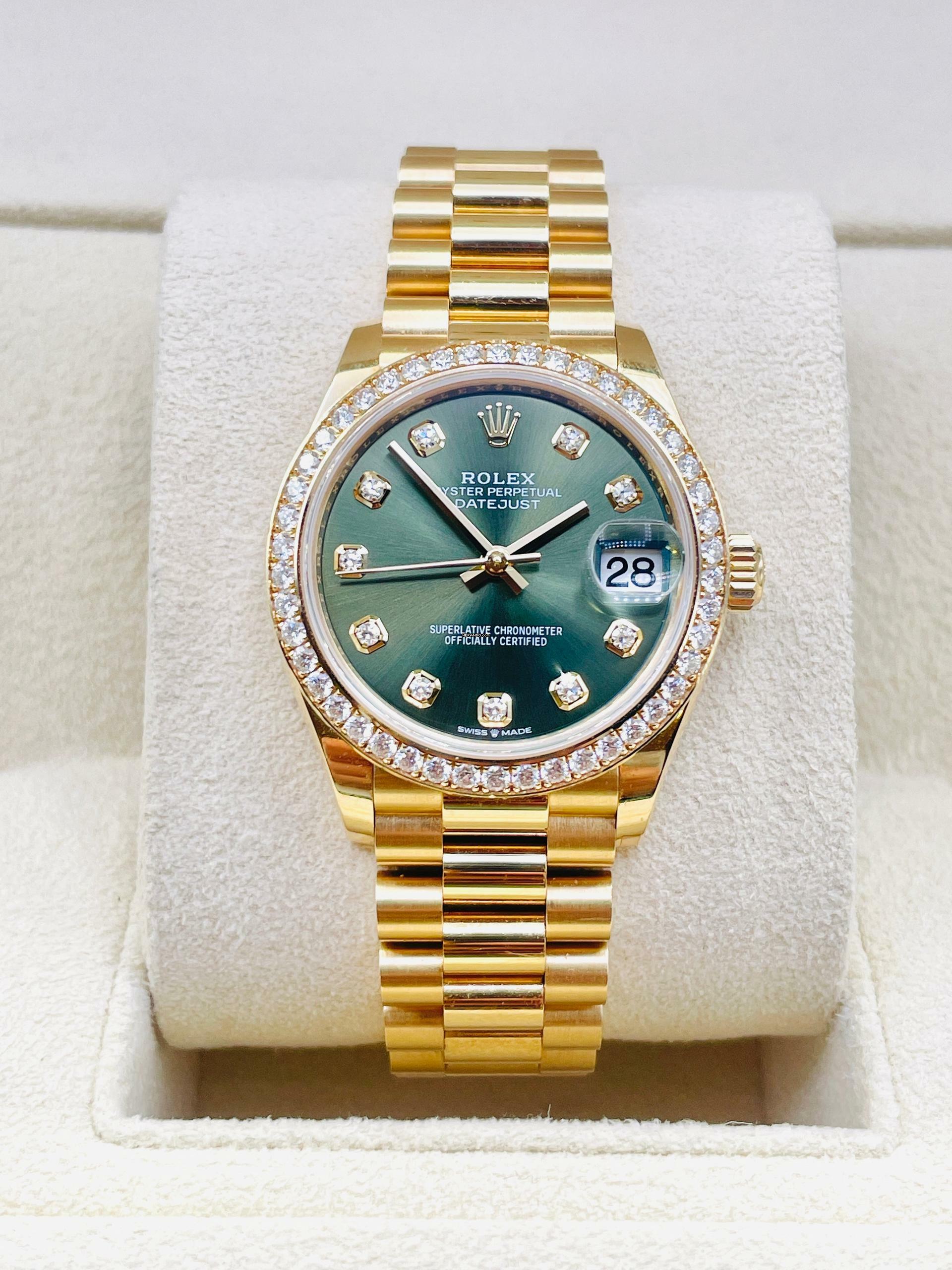 Rolex Datejust 31 President Yellowg. BOX & PAPERS NEW 2024 Green Dial Orig. Diamond Setting