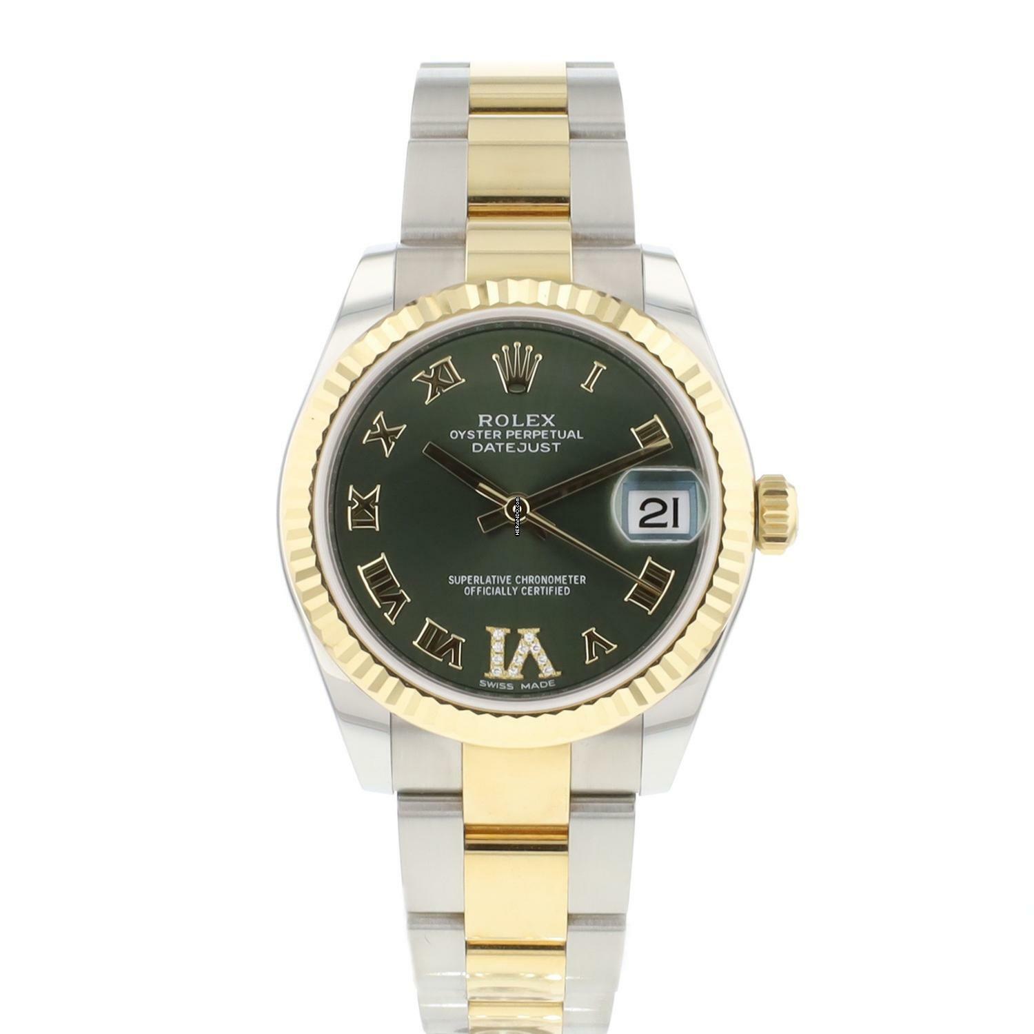  Rolex Lady-Datejust 31 Steel Gold Fluted Green Roman Diamond Dial  