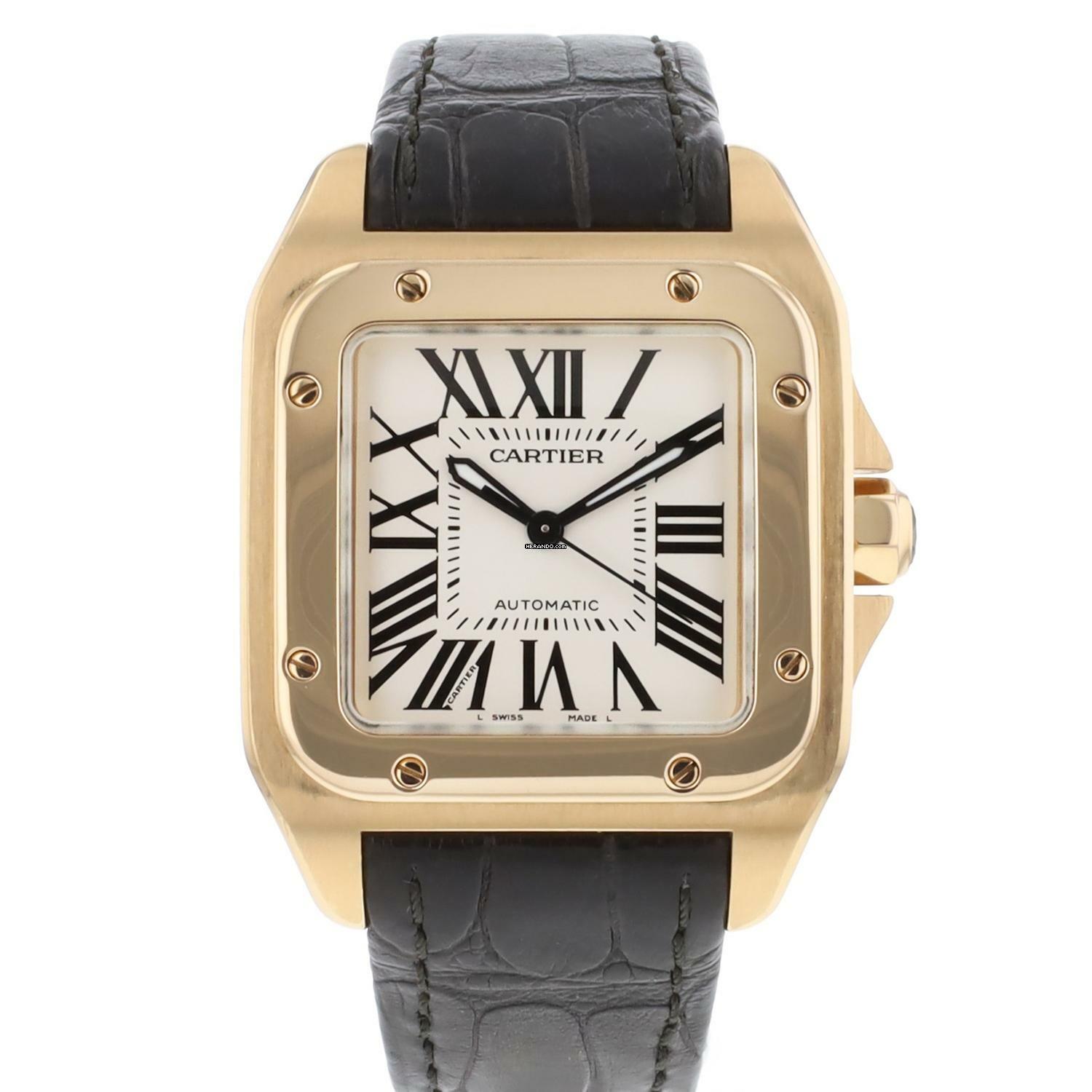  Cartier Santos 100 MM Rose Gold Silver Dial 