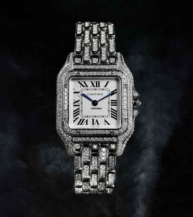  Cartier Panthère Steel 27mm size,Nice condition Quarz Diamonds After Market Iced Out Box+Papers Open date with papers 