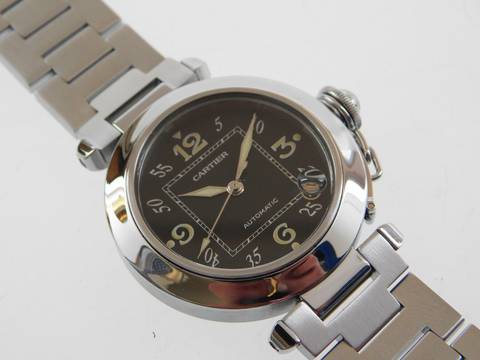  Cartier Pasha C Automatik 35 mm Herrenuhr mit Stahlband im Top Zustand schwarzes Blatt selten mit schwarzem Zifferblatt 