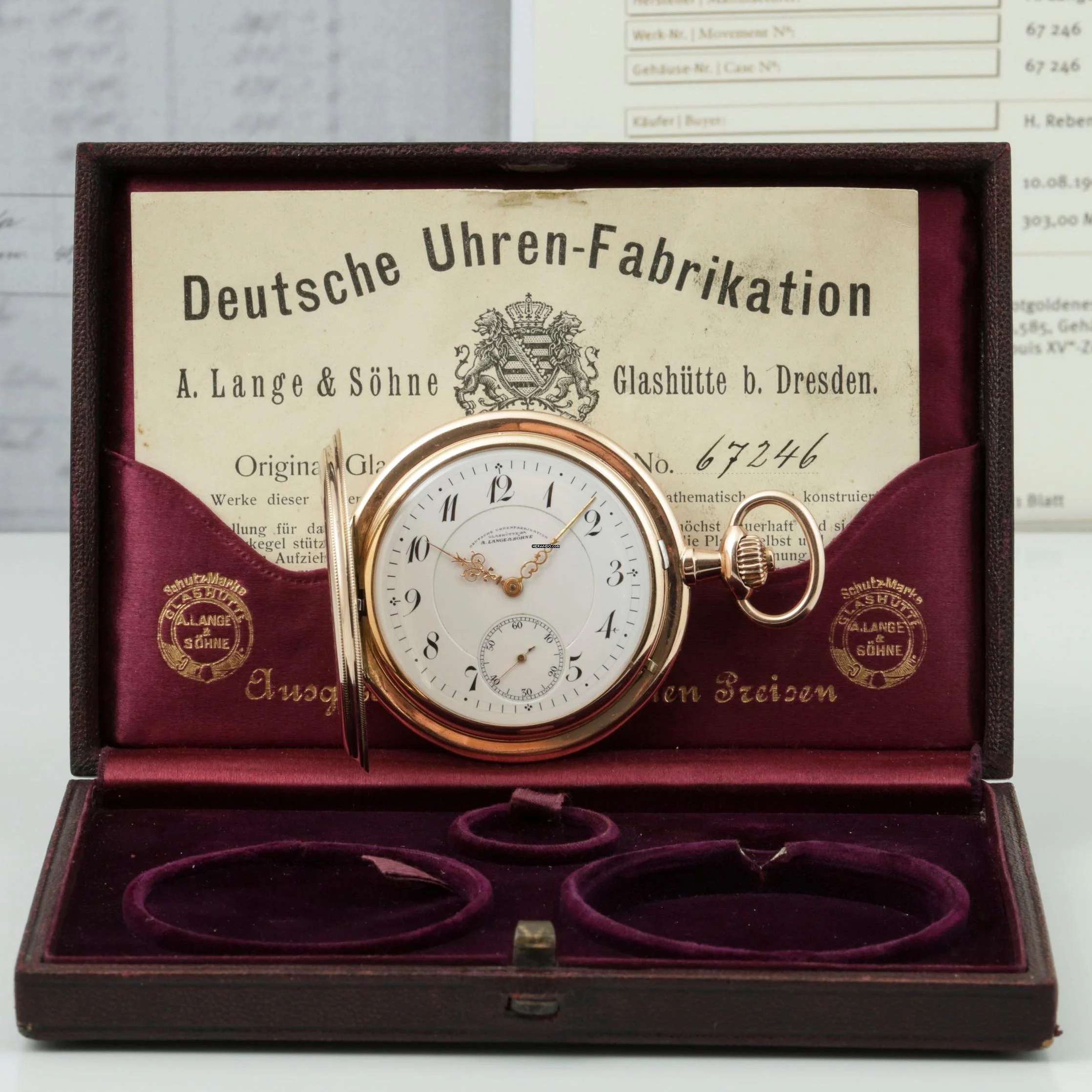 A. Lange & Söhne Full Set Glashütter Sprungdeckel Taschenuhr Royal mit Perlenrand 14k Gold 1908 Zertifikat vom Uhremnuseum in Glashütte Original Leder Etui