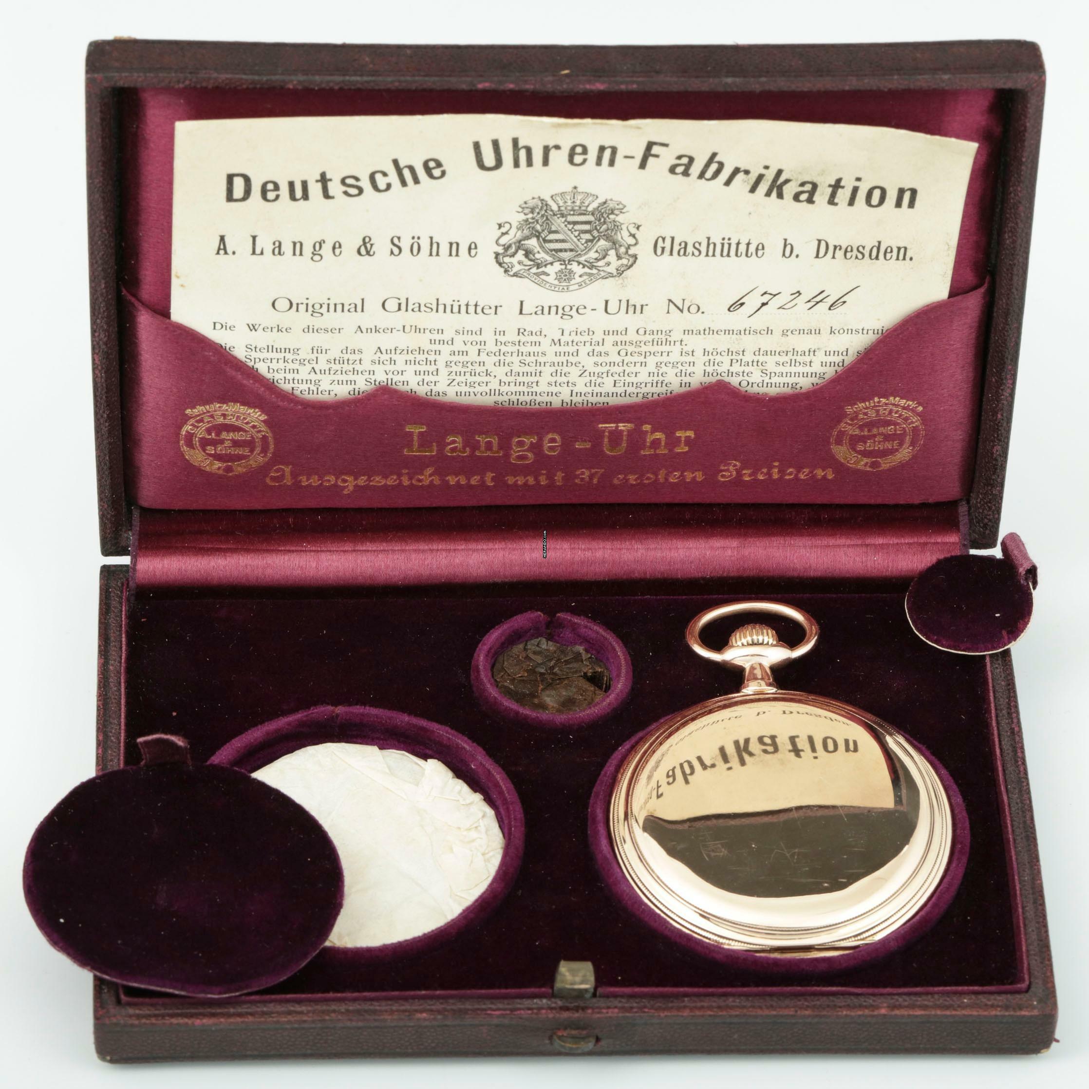 Thumbnail von A. Lange & Söhne Full Set Glashütter Sprungdeckel Taschenuhr Royal mit Perlenrand 14k Gold 1908 Zertifikat vom Uhremnuseum in Glashütte Original Leder Etui