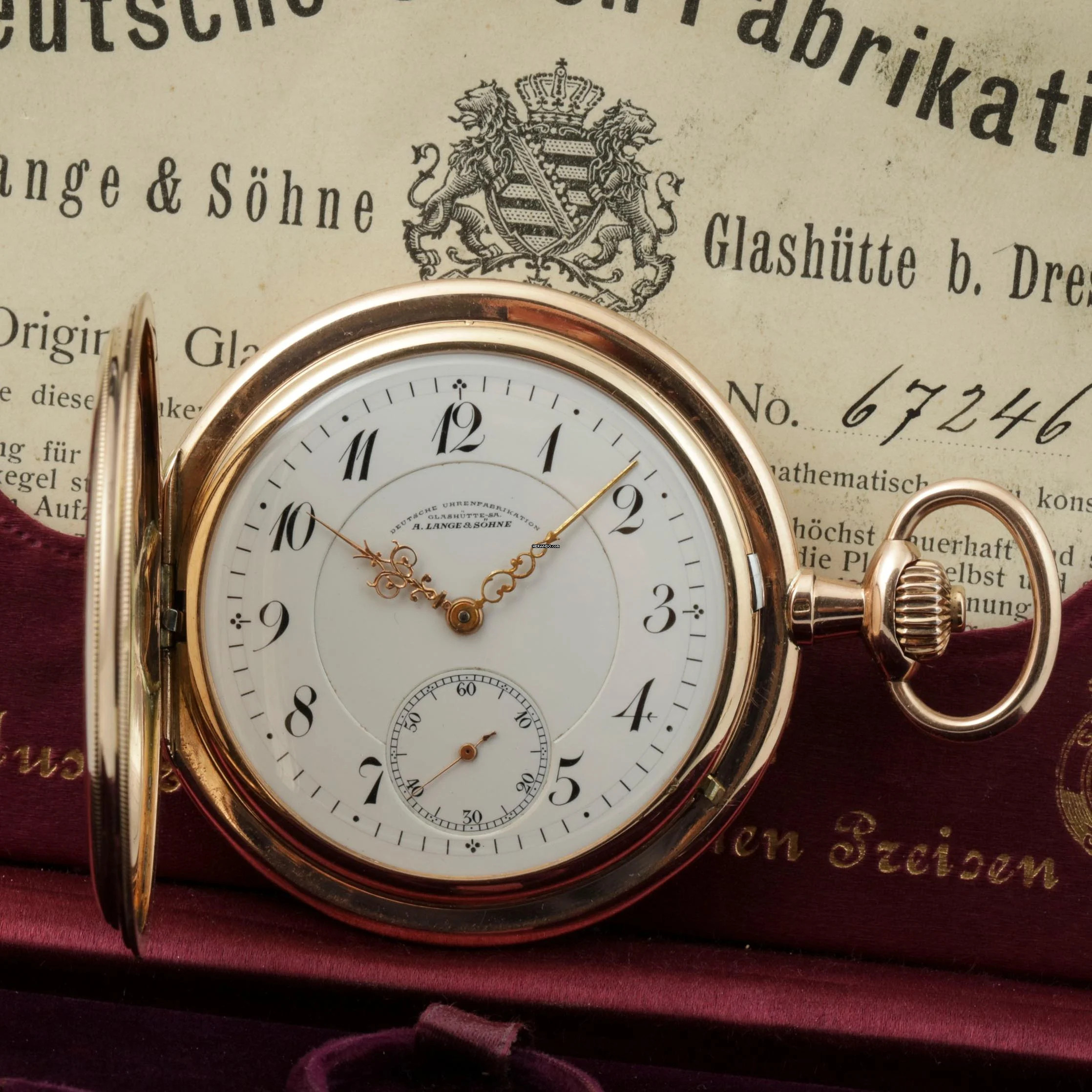 Thumbnail von A. Lange & Söhne Full Set Glashütter Sprungdeckel Taschenuhr Royal mit Perlenrand 14k Gold 1908 Zertifikat vom Uhremnuseum in Glashütte Original Leder Etui