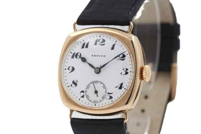  Zenith Vintage Cushion Shape 14K Gold Porcelain Dial 