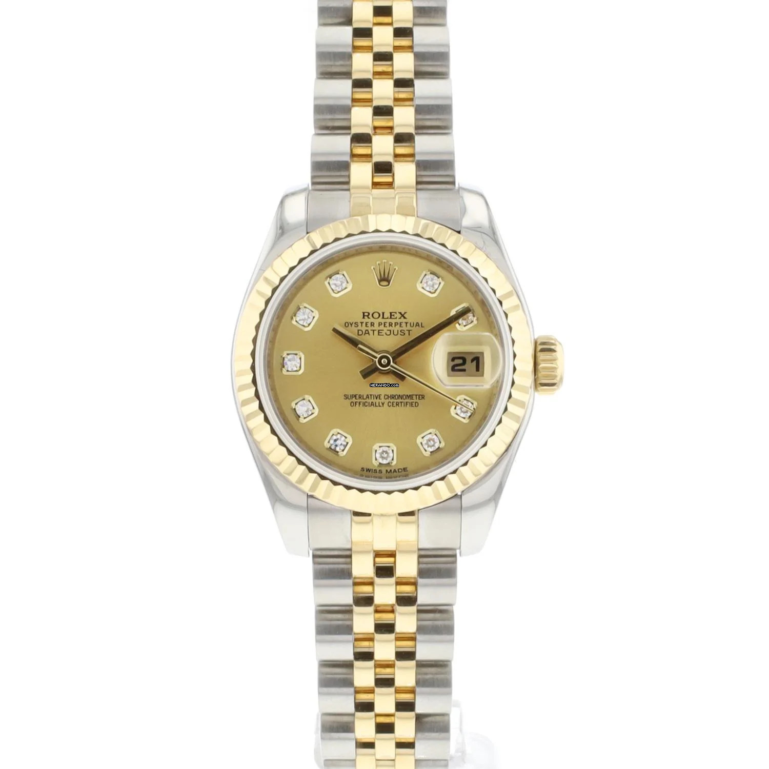  Rolex Lady-Datejust 26 Jubilee Fluted Steel Gold Champagne Diamond Dial 