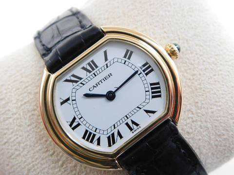  Cartier Ellipse Jumbo 18 Karat Gelbgold mit original Krokoband und Faltschließe Top Zustand 