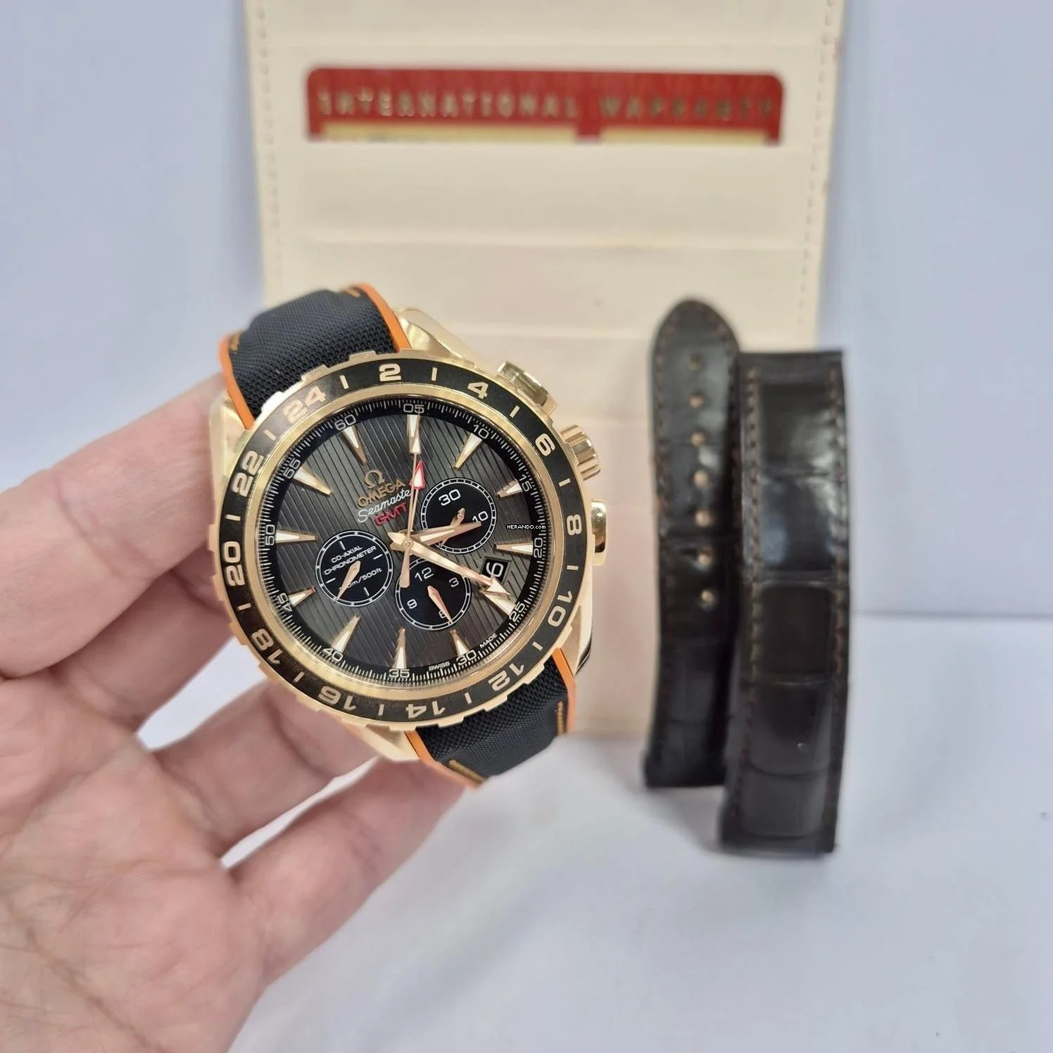  Omega Seamaster Aqua Terra Chronograph GMT Ouro Rosé 44mm Automático Completo 
