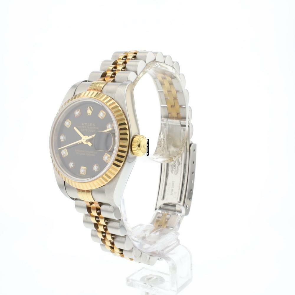  Rolex Lady-Datejust 26 Jubilee Fluted Steel Gold Black Diamond Dial 
