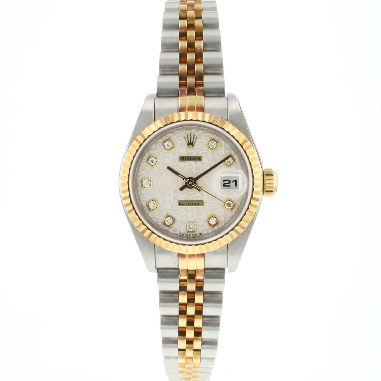  Rolex Lady-Datejust 26 Jubilee Fluted Steel Gold White Diamond Logo Dial 