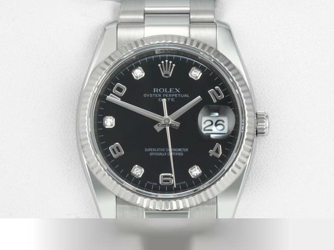 Rolex Oyster Perpetual Date 115234 Stahl Weissgold 750 Diamanten Automatik Medium Date Just Stainless Steel 18kt White Gold Oyster-band Chronometer Black Dial