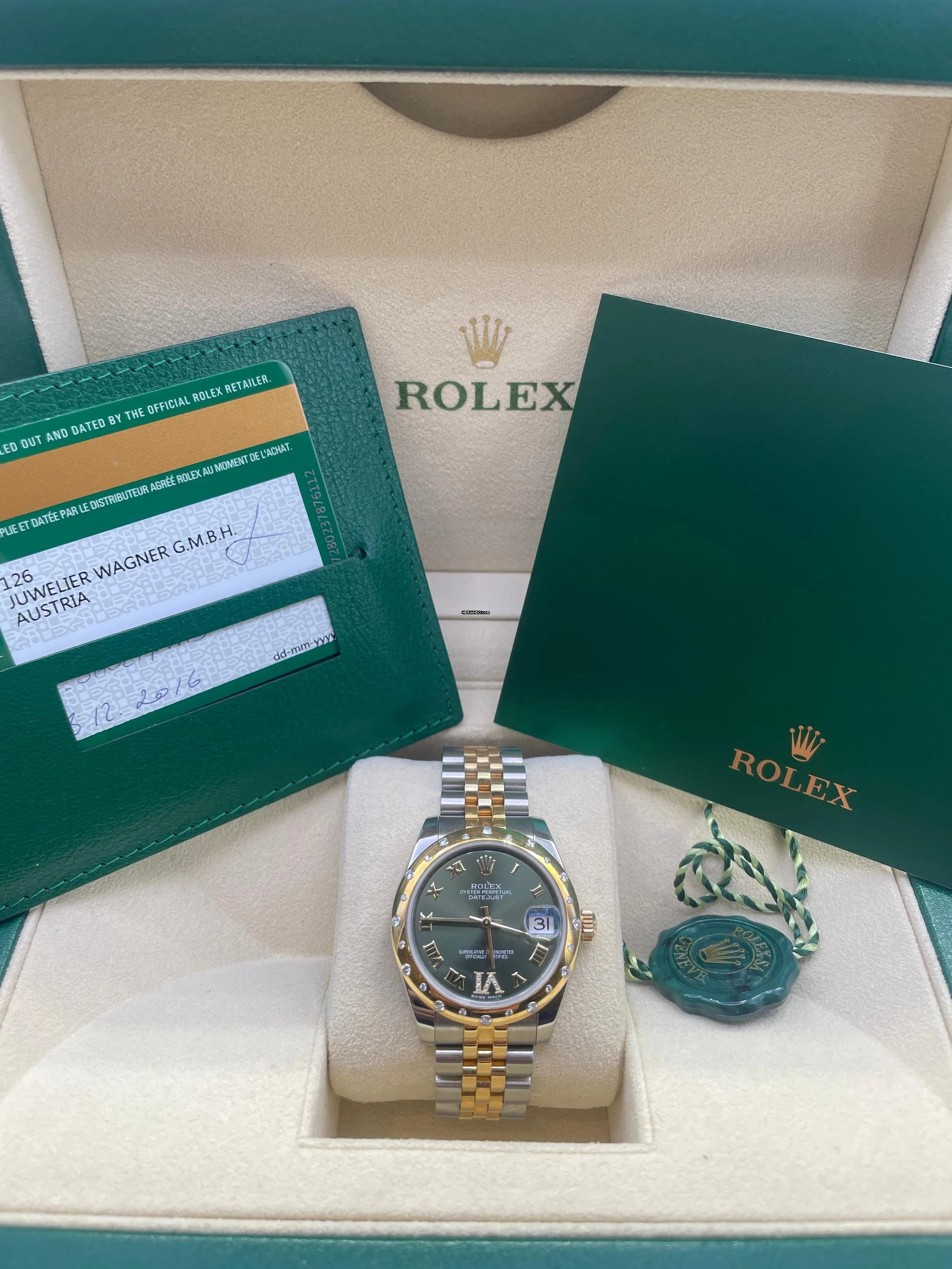  Rolex Datejust 31 Steel/Gold Green Diamond Dial FULL SET - BOX AND PAPERS MINT CONDITION year2016 LC Austria 