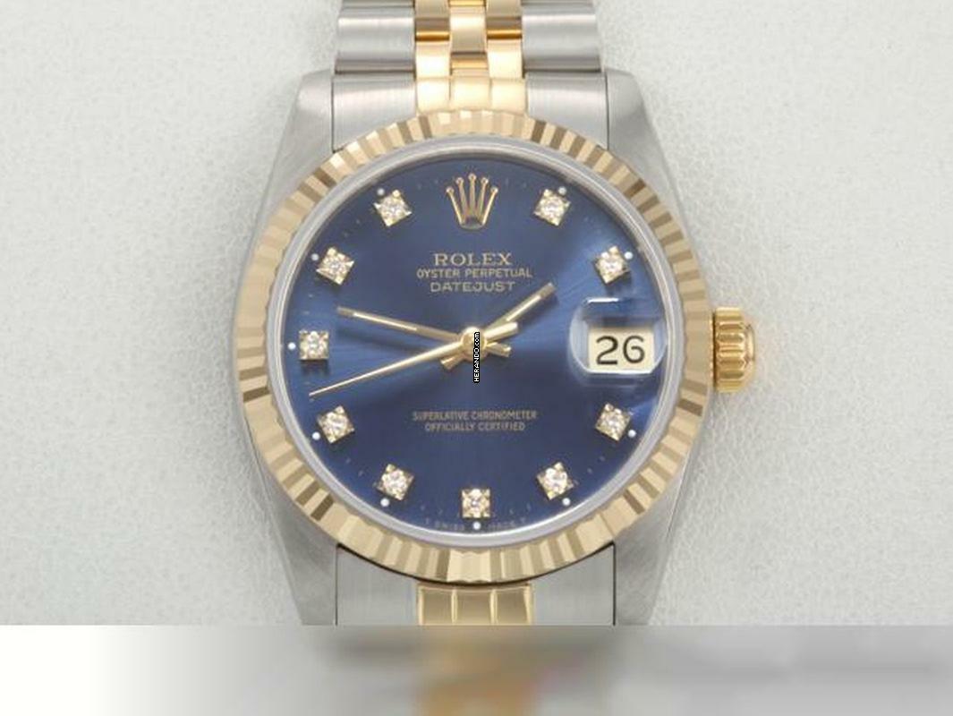 Rolex Datejust 31 Medium Stahl Gelbgold 750 Diamanten Automatik Gold Stahl Damen Stainless Steel 18kt Yellow Gold Jubilé-band Chronometer Oyster Blue Dial