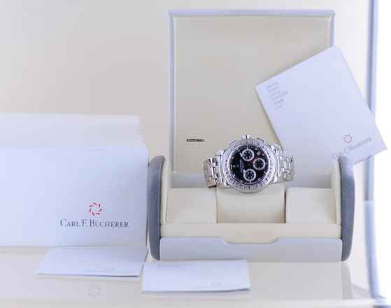  Bucherer Patravi Chronograph GMT Automatic Stahl Black Steel 42mm Stahlband B+P 