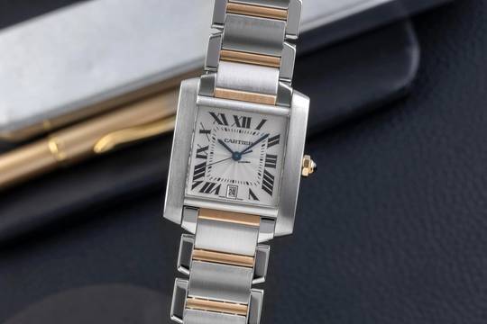  Cartier Tank Française Stahl / Gold Automatik Medium Size Ref. W51005Q4 B&P 