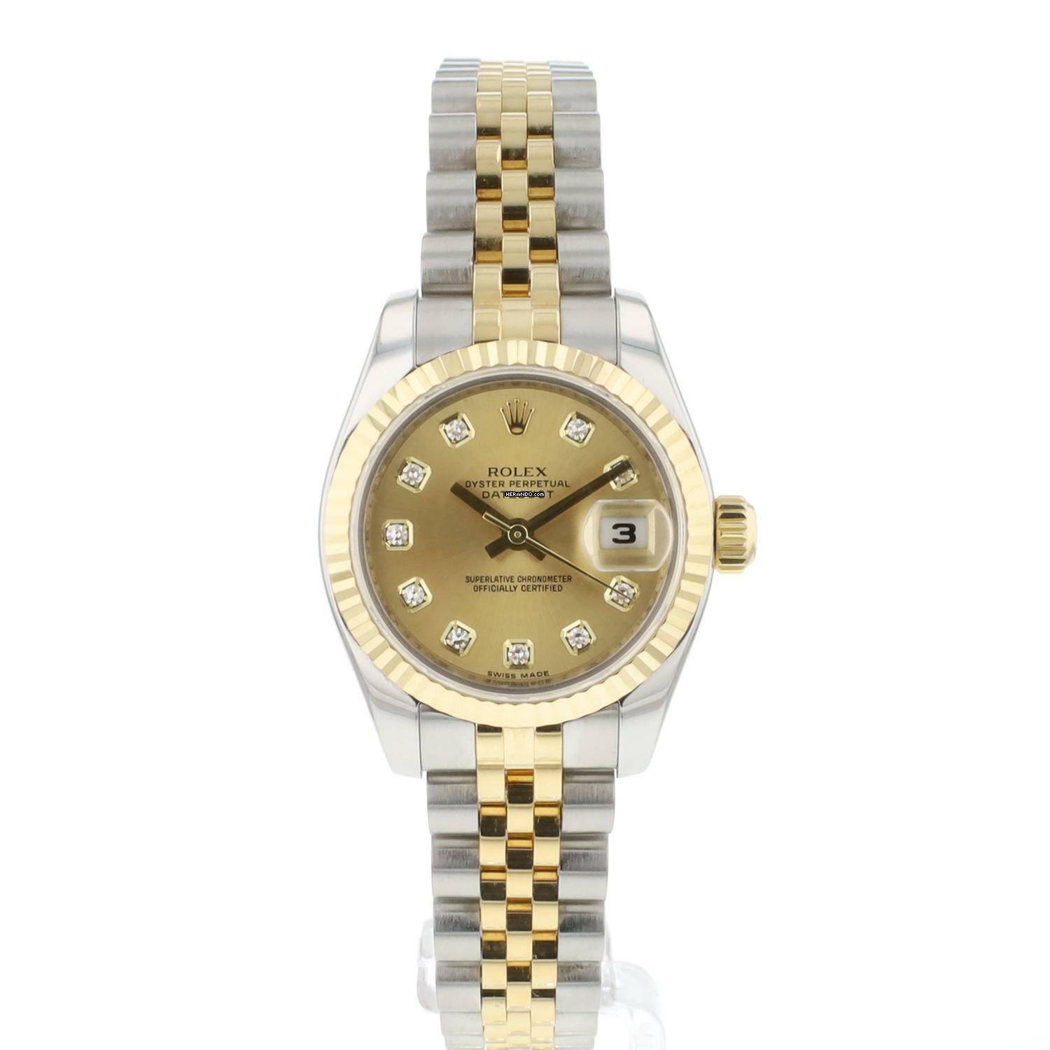  Rolex Lady-Datejust 26 Jubilee Fluted Steel Gold Champagne Diamond Dial 