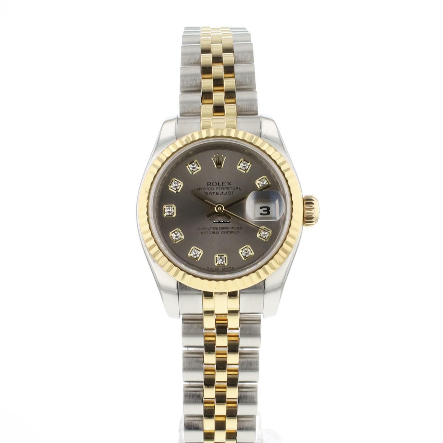  Rolex Lady-Datejust 26 Jubilee Fluted Steel Gold Grey Diamond Dial 