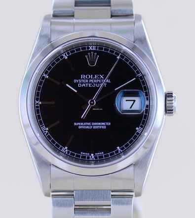  Rolex Datejust 36 16200 Saphirglas black dial Oysterband Stahl polished bezel B+P 
