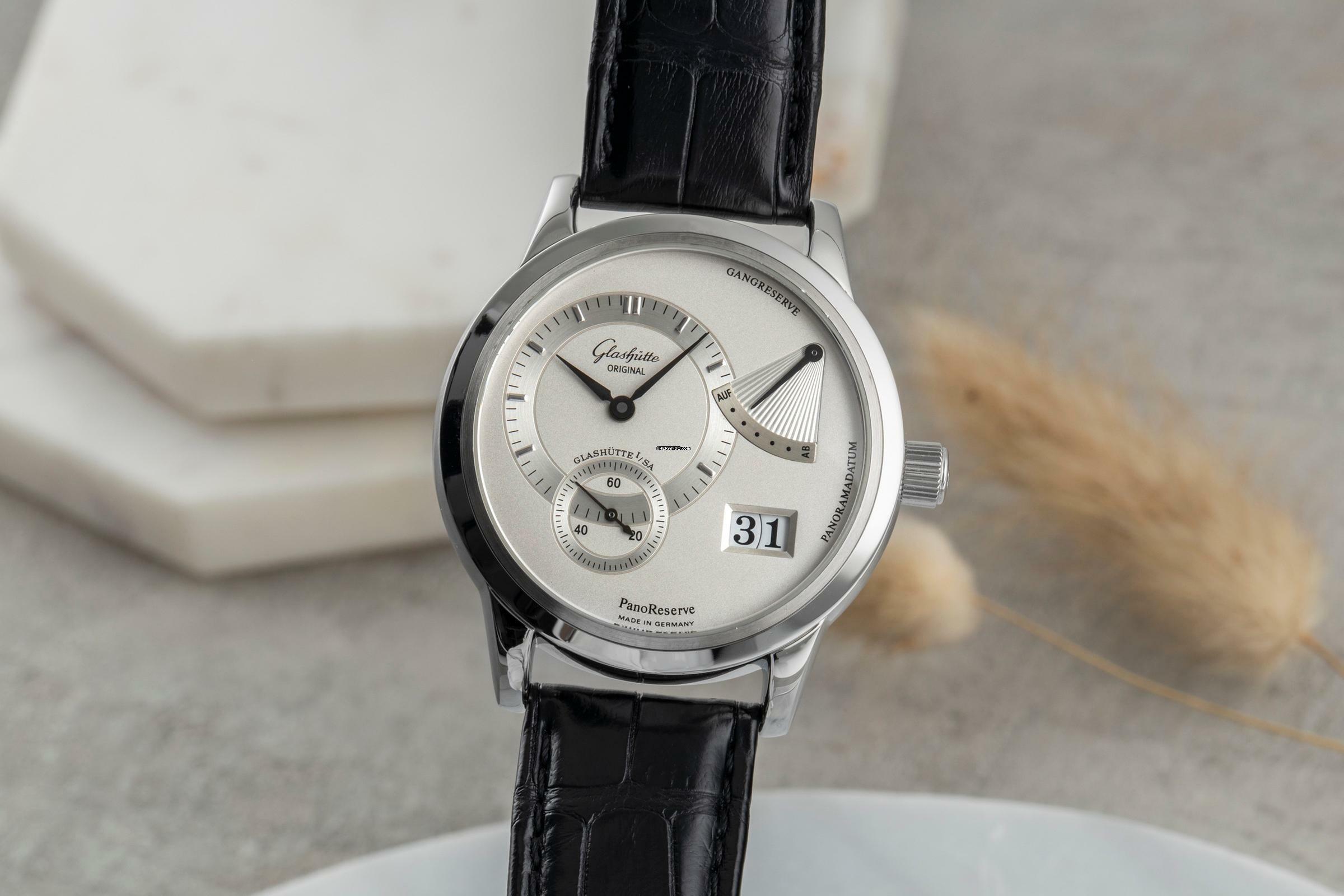  Glashütte Original PanoReserve Edelstahl Handaufzug Herrenuhr Ref. 65-01-02-02-04 B&P 