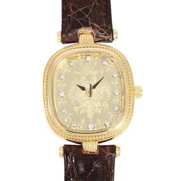  Damenarmbanduhr mit Faberge Wappen Gravur und Brillant Index Quarz aus 585 Gelbgold mit Gebrauchsspuren 