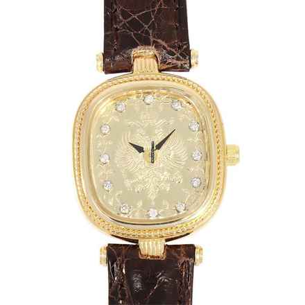  Damenarmbanduhr mit Faberge Wappen Gravur und Brillant Index Quarz aus 585 Gelbgold mit Gebrauchsspuren 