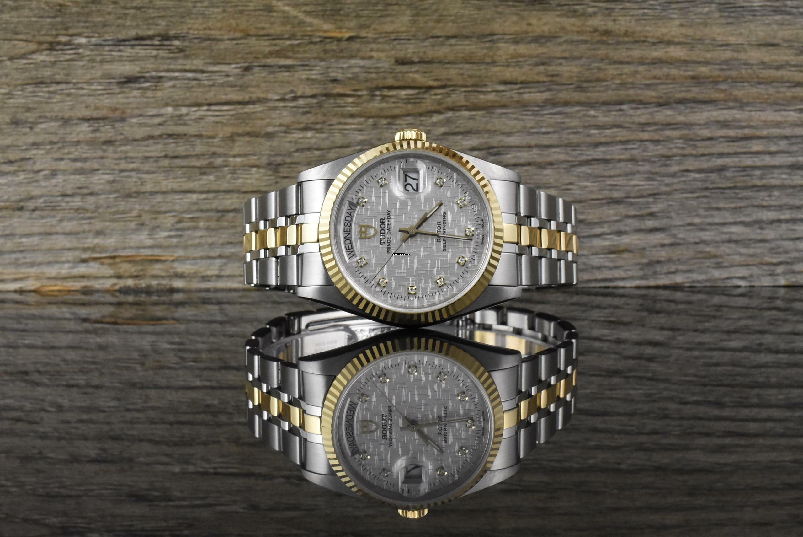  Tudor Prince Date Day 76213 Silver Linen Diamond Dial Automatik 