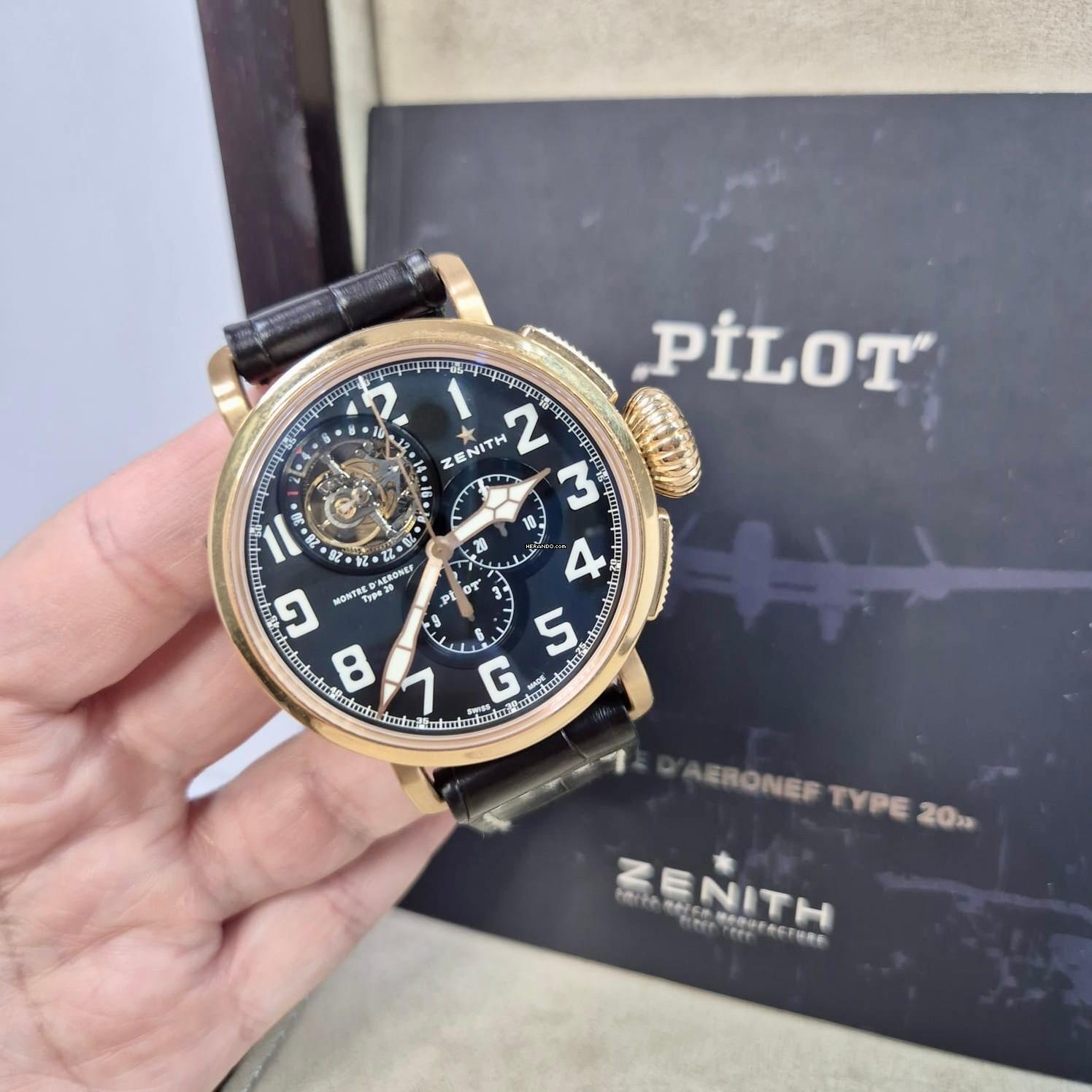  Zenith Pilot Type 20 Tourbillon Flying Tourbillon Chrono Ouro Rosé Titanium 48mm Automático Completo 