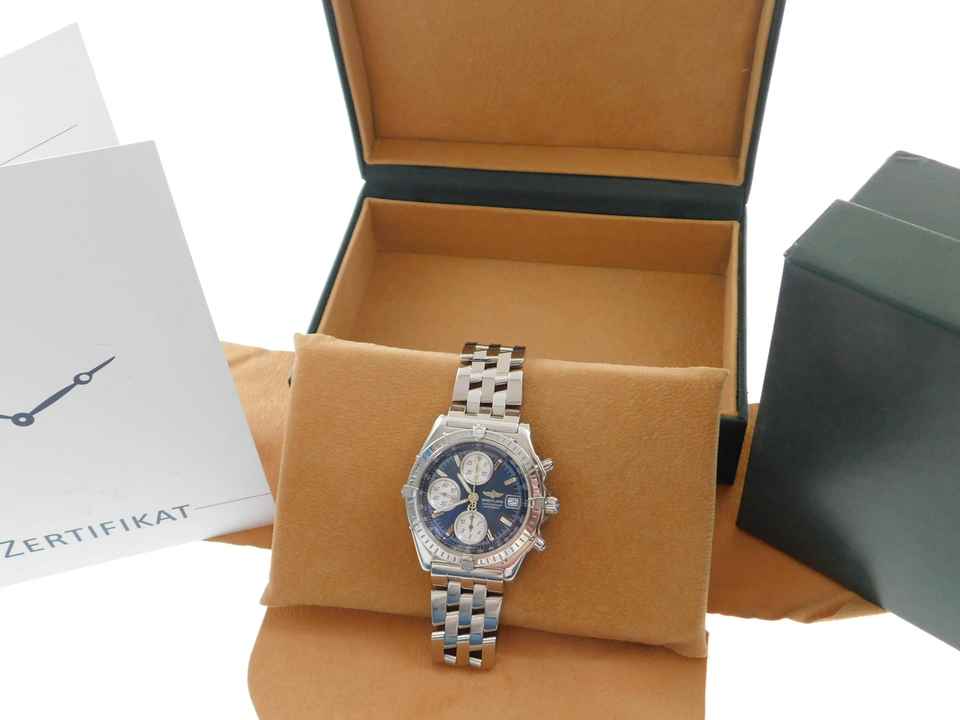  Breitling Chronomat GT mit Pilotband im Top Zustand blaues Blatt 40 mm seltenes blaues Blatt mit dem Original Breitling Pilotband 