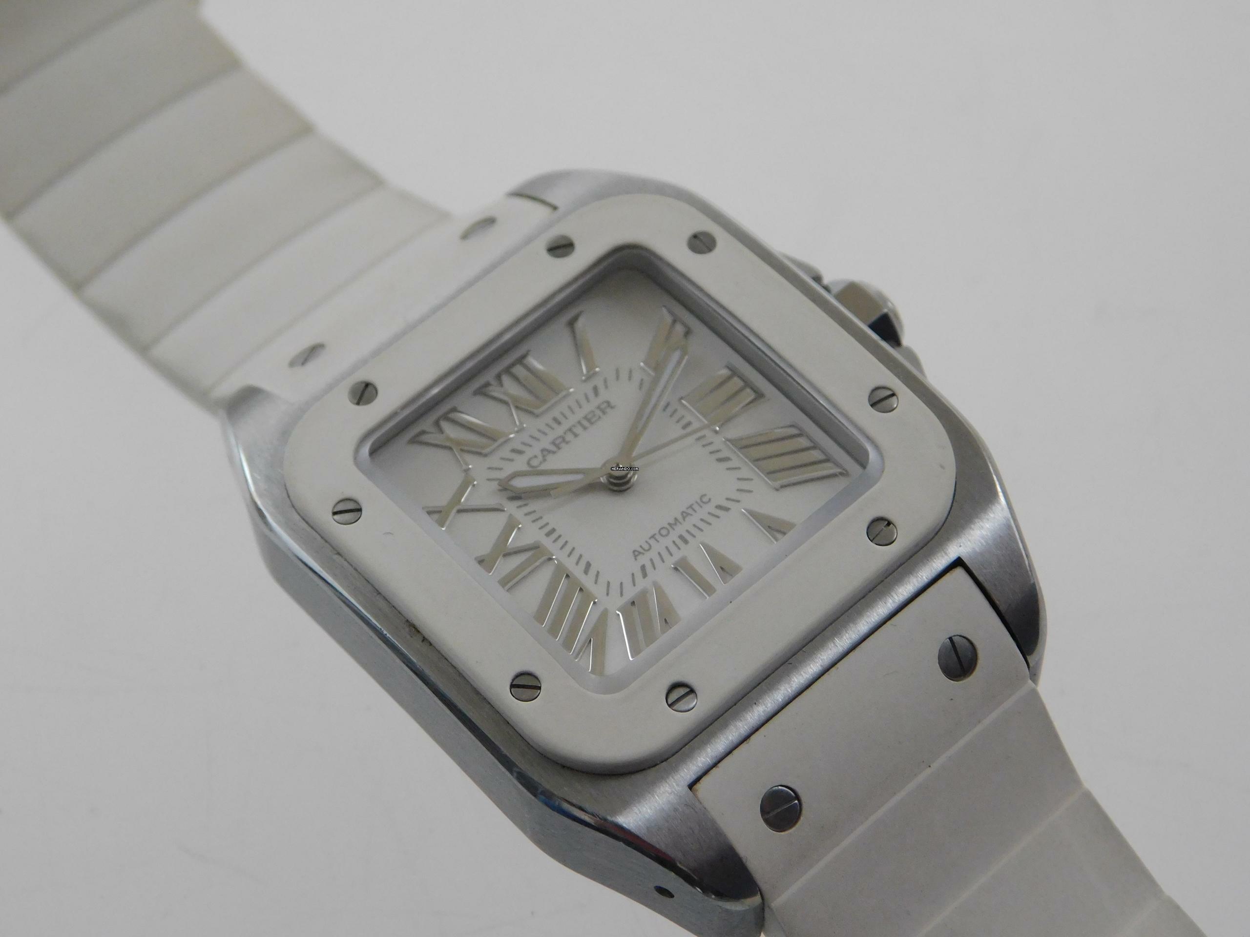  Cartier Santos 100 Herrenuhr mit original Kautschukband im TOP Zustand weiße Kautschuklünette und original Band 