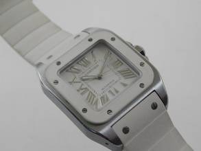 Thumbnail von Cartier Santos 100 Herrenuhr mit original Kautschukband im TOP Zustand weiße Kautschuklünette und original Band