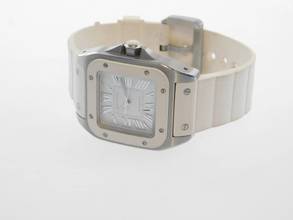 Thumbnail von Cartier Santos 100 Herrenuhr mit original Kautschukband im TOP Zustand weiße Kautschuklünette und original Band