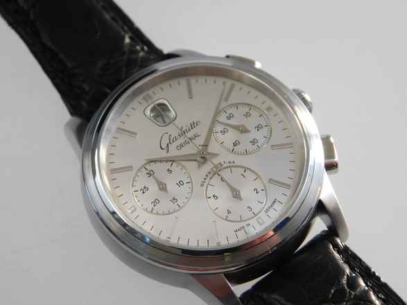  Glashütte Original Senator Navigator Chronograph mit seltenem silbernen Zifferblatt Top Zustand Krokoband und Faltschließe 