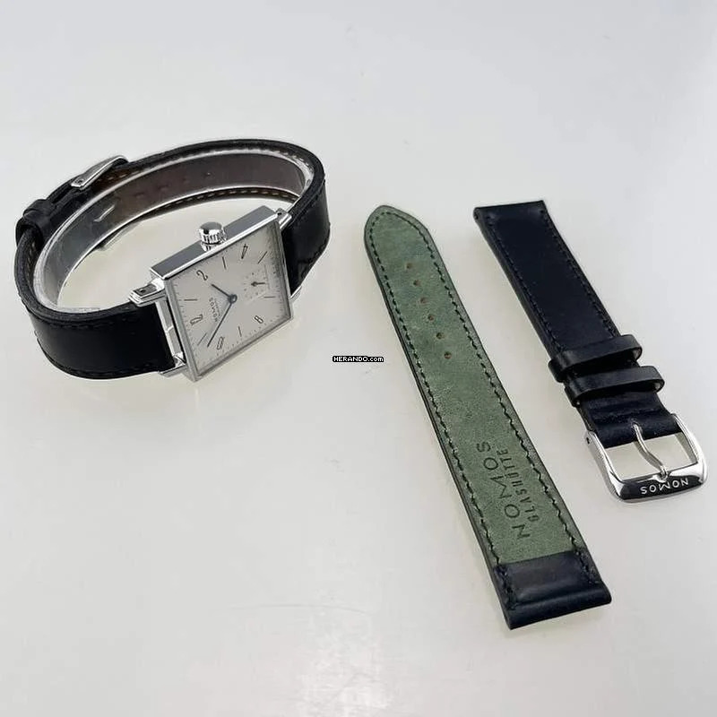 Thumbnail von NOMOS Tetra Glashütte Tetra Ref. 406 mit Stahlgehäuse Lederband plus Original Nomos Lederband (neu) Handaufzug Zifferblatt creme-weiß Original Box