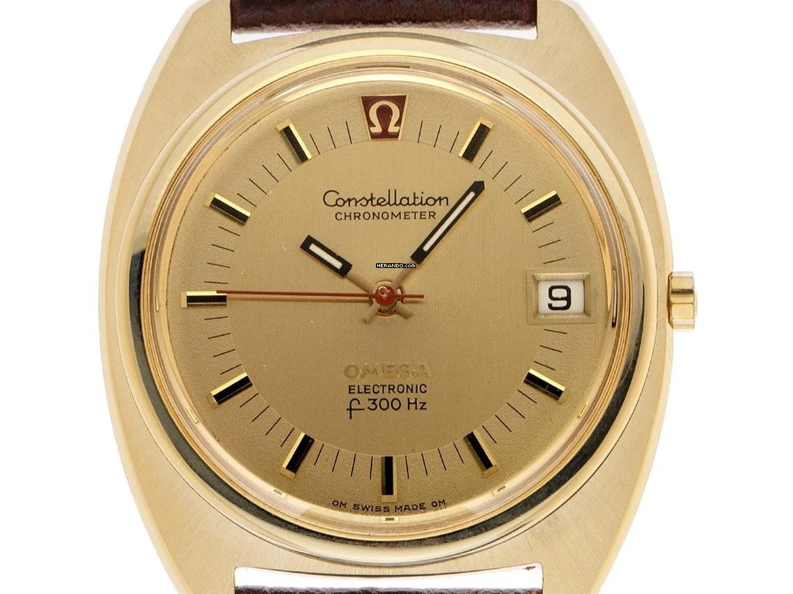 Omega Constellation Quartz Electroquarz 300Hz Ref.198.002 1972 original Box sehr gut Vintage Constellation Electronicquarz f300Hz 18kt Gelbgold 66g