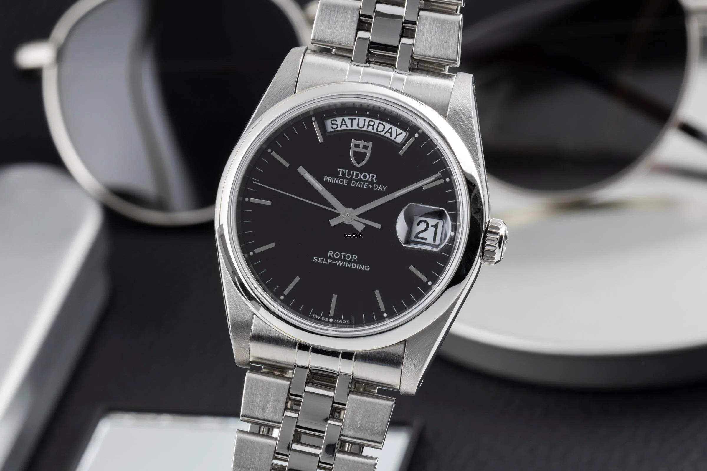  Tudor Prince Date Day Black Dial Edelstahl Automatik Herren Ref. 76200 Papiere 