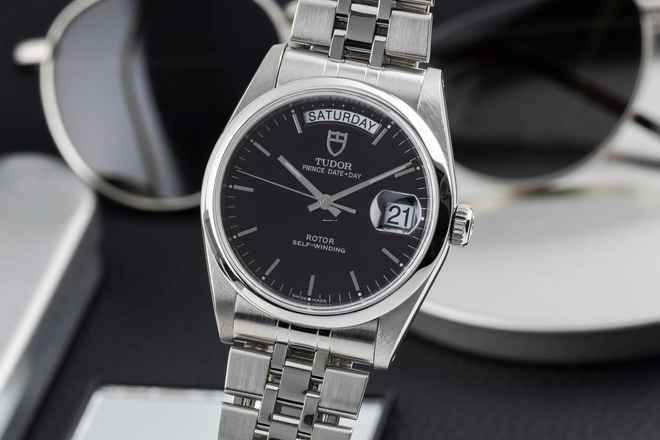  Tudor Prince Date Day Black Dial Edelstahl Automatik Herren Ref. 76200 Papiere 