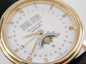 Thumbnail von Blancpain Villeret 18 Karat Gelbgold Automatik Triple Calendar Mondphase 34 mm selten mit deutscher Anzeige original Band und 18Kt Schließ