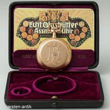 Thumbnail von J. Assmann 54mm 117gr Qualität 1A Savonette Taschenuhr 14k Gold original Box 1910. Ungetragen