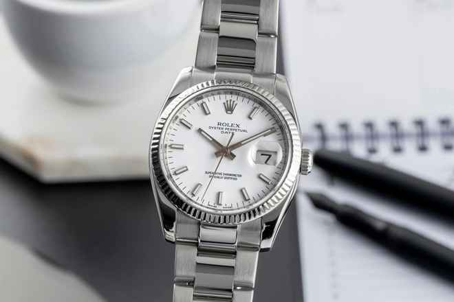  Rolex Oyster Perpetual Date 34 Silver Dial Stahl Weissgold Automatik Herrenuhr Ref 115234 Z-Serie 